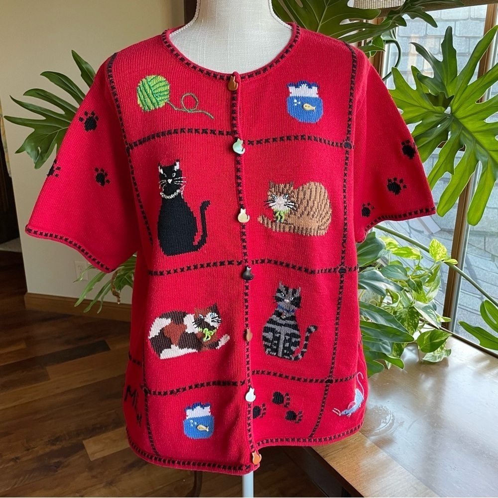 Vintage Marisa Christina Short Sleeve Red Cat Pattern Ramie Cotton Cardigan
